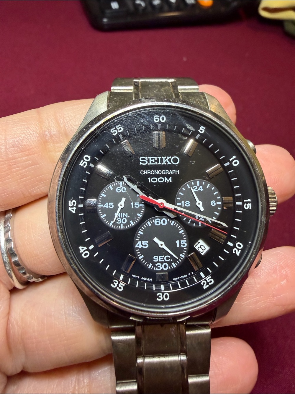 Seiko Black Dial Stainless Steel Chronograph Watch with Red Seconds Hand